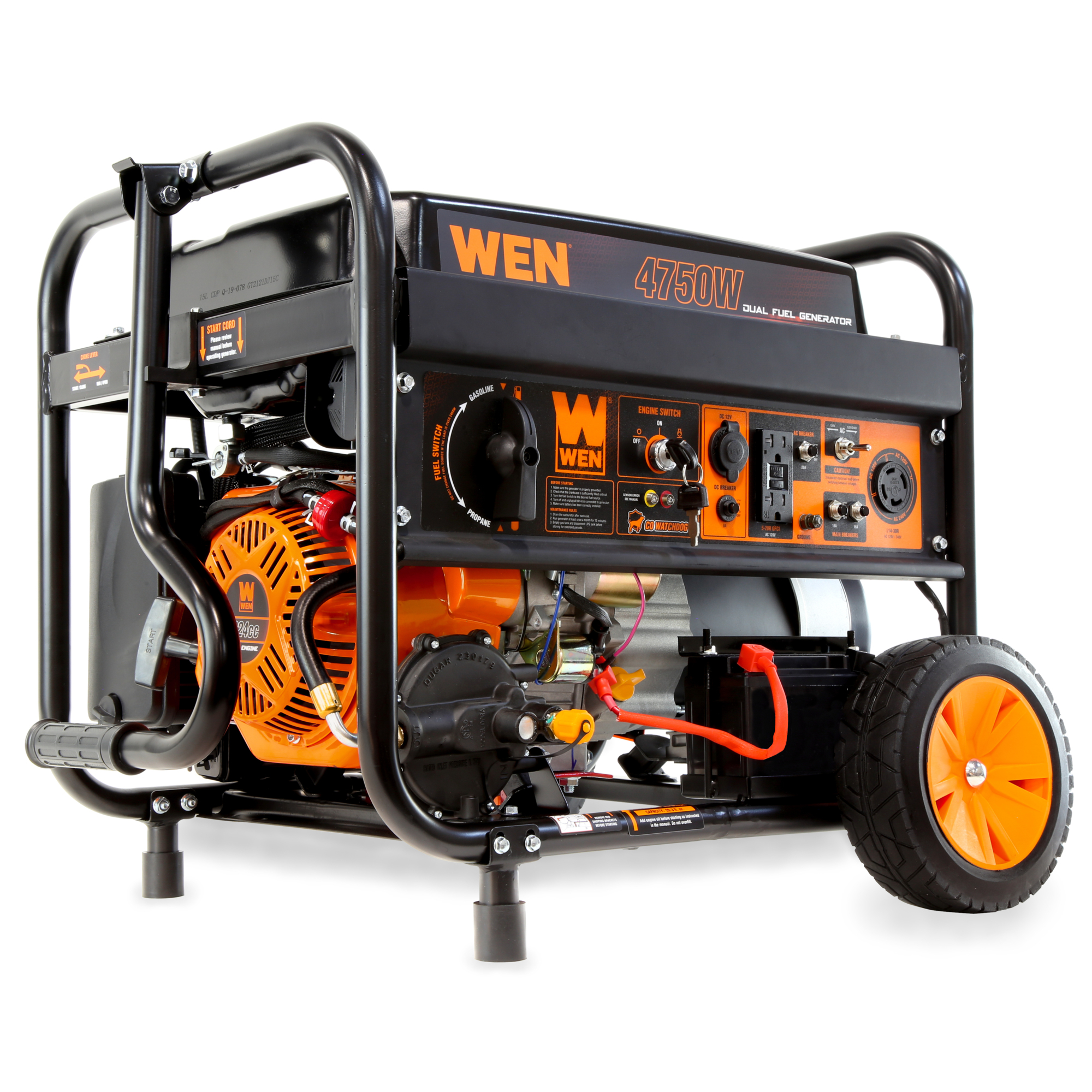 WEN Dual Fuel Generator - 4750W Surge, 3800W Rated, 120/240V, Wheel Kit, CO Sensor, Model# DF475X
